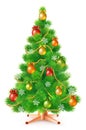 Green fluffy Christmas tree with colorful balls, snowflakes and garlands