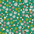 Green flying Bees seamless pattern background. Summer pattern with flowers and bees. Doodle bugs pattern. Royalty Free Stock Photo