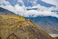 Green Foggy Mountain Landscape of the HImalayas in Kagbeni of Upper Mustang, Nepal Royalty Free Stock Photo