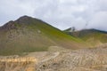 Green Foggy Mountain Landscape of the HImalayas in Kagbeni of Upper Mustang, Nepal Royalty Free Stock Photo