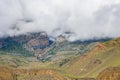 Green Foggy Mountain Landscape of the HImalayas in Kagbeni of Upper Mustang, Nepal Royalty Free Stock Photo