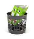 Green folders in the trash can isolated on white background. 3d Royalty Free Stock Photo