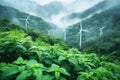 Green Foliage in Foreground With Misty Wind Turbines in Lush Mountainous Landscape Royalty Free Stock Photo