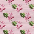 Green folk flowers print seamless doodle hand drawn pattern. Pink striped background