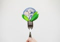 Green food, environmental concept. Hand holding fork with leaves and globe. Element of this image are furnished by NASA Royalty Free Stock Photo