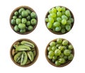 Green food isolated on a white background. Collage of different fruits and berries at green color.Green baby kiwi fruit actinidia, Royalty Free Stock Photo