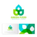 Green food logo. Grocery store emblem. Abstract transparent figures of green elements.