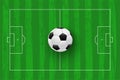 Green football field flat lay. Soccer stadium vector plan with white lines and realistic ball on center. Royalty Free Stock Photo