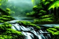 green forest, beautiful waterfalls