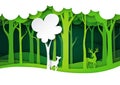 Green forest and deer wildlife with nature landscape background layers paper art style