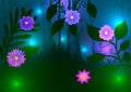 Green forest with flowers and fireflies at night.