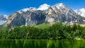 Large green forest inside mountain lake