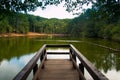 Green forest lake view from wooden pier. Puglia, Italy. Royalty Free Stock Photo