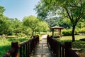 Green forest road with gazebo at Wolmi Park Traditional Garden in Incheon, Korea