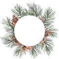 Green forest round frame with pine branches and cones.