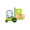 Green Forklift Warehouse Car Lifting The Paper Box Packages, Storeroom Machinery Without Driver