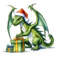 Green formidable dragon in red Santa Claus hat with gift boxes on white background. Symbol of 2024 according to Chinese lunar