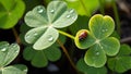 On the green four-leaf clover there are water droplets on the leaves there is a ladybug Royalty Free Stock Photo