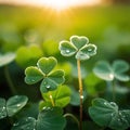 On the green four-leaf clover there are water droplets on the leaves shining morning light Royalty Free Stock Photo