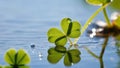 green four-leaf clover water droplets on the leaves the background is the river Royalty Free Stock Photo