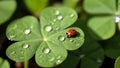 On the green four-leaf clover are water droplets on the leaves, the leaves are wide there is sunlight shining Royalty Free Stock Photo
