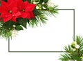 Green frame and Christmas corner arrangements with red poinsettia flowers, snowberries and pine twigs isolated on white Royalty Free Stock Photo