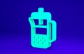 Green French press icon isolated on blue background. Minimalism concept. 3d illustration 3D render