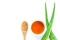 Green fresh aloe vera leaf with aloe gel in wooden spoon and pure honey isolated on white