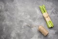 Green fresh asparagus on gray background, place for text. Top view