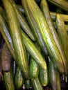 Green fresh cucumbers close up for sale in shop, healthy food is a lot