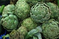 Green fresh globe artichokes on market display
