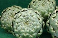 Green fresh globe artichokes on market display