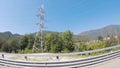 Green fresh landscape of forested hills, vacation concept, view from the car window with the fisheye effect. Scene Royalty Free Stock Photo