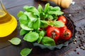 Green fresh leaves of organic basil and small ripe tomatoes, oil and pepper Royalty Free Stock Photo
