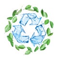 Green fresh leaves surround recycling sign made of water splashes Royalty Free Stock Photo