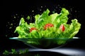 Green fresh lettuce leaf in glass bowl on dark black background. Diet and healthy nutrition concept