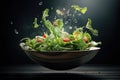 Green fresh lettuce leaf with tomato in a wooden bowl on dark black background Royalty Free Stock Photo