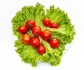 Green fresh lettuce leaves with juicy cherry tomatoes in a white bowl. Isolated on white background Royalty Free Stock Photo