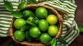 Green fresh limes on a straw small basket