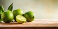 Green Fresh Limes on a Wooden Table. Sour Fruits. Citrous Freshness. Generative AI