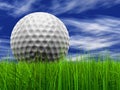 Green, fresh and natural 3d conceptual grass over a blue sky background with a golf ball at horizon Royalty Free Stock Photo