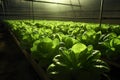 Green fresh organic Romaine lettuce growing in vegetable plots inside greenhouse farm. Generative Ai