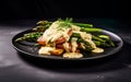 green fried asparagus, bacon, and fried potatoes with mustard sauce on a white plate.