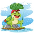 Green Frog Cartoon Character Holding Leaf Umbrella Royalty Free Stock Photo