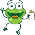 Green frog celebrating with beer