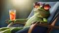 A green frog with a cocktail is lying on a chaise longue