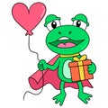 Green frog dress up superhero brings love balloons and gifts for birthday events. doodle icon image kawaii