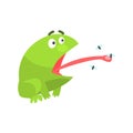 Green Frog Funny Character Catching Flies With Its Tongue Childish Cartoon Illustration