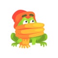 Green Frog Funny Character Wearing Scarf And Hat Childish Cartoon Illustration