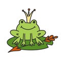 A green frog in a golden crown sits on a water lily and an arrow lies nearby. Russian folk tale Princess Frog. Vector illustration Royalty Free Stock Photo